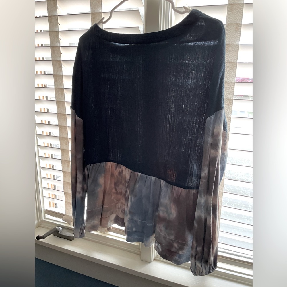 New without tags cute navy shirt with tan and blue tie dye accents